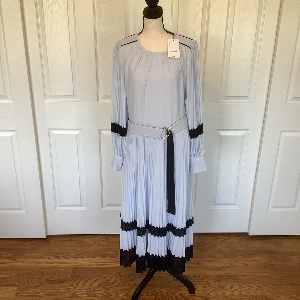 Reiss Tori Color Block Pleated Midi Dress Blue Navy Long Sleeve Belted US 8 NWT